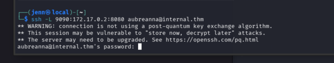 SSH local port forwarding command binding localhost:9090 to the Jenkins container
